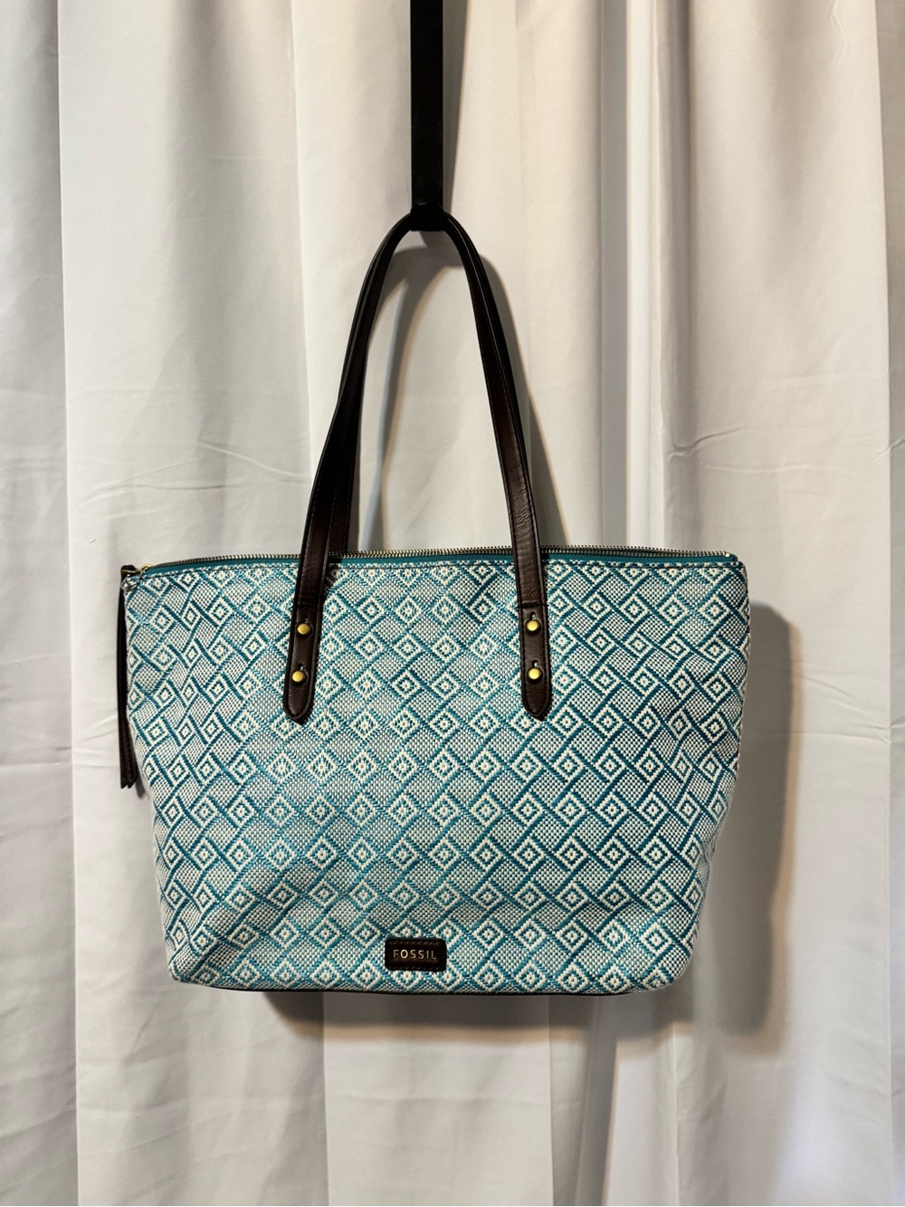 Fossil Teal and White Geometric Tote with Dark Brown Handles
